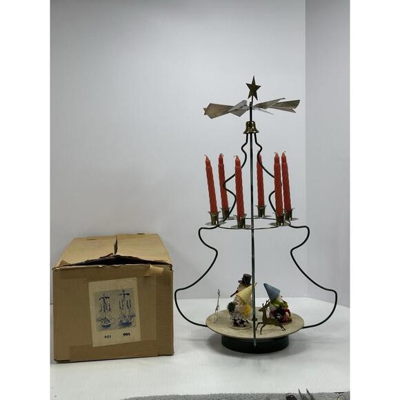 Vintage Wire Frame Christmas Tree Pyramid‎ Carousel Candle Spinning Elf Gnome